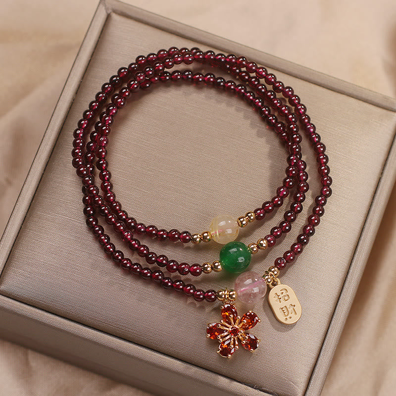 Natural 3mm Garnet and Clear Quartz Ultra-Thin Multilayer Cherry Blossom Bracelet
