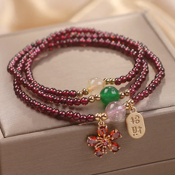 Natural 3mm Garnet and Clear Quartz Ultra-Thin Multilayer Cherry Blossom Bracelet