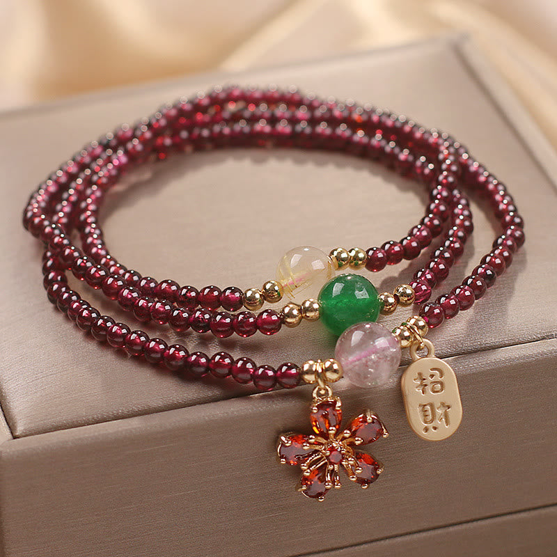 Natural 3mm Garnet and Clear Quartz Ultra-Thin Multilayer Cherry Blossom Bracelet