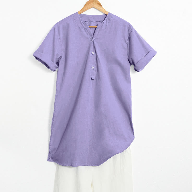 Casual Plain Button Notched Collar Women's Short Sleeve Shirt