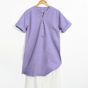 Casual Plain Button Notched Collar Women's Short Sleeve Shirt