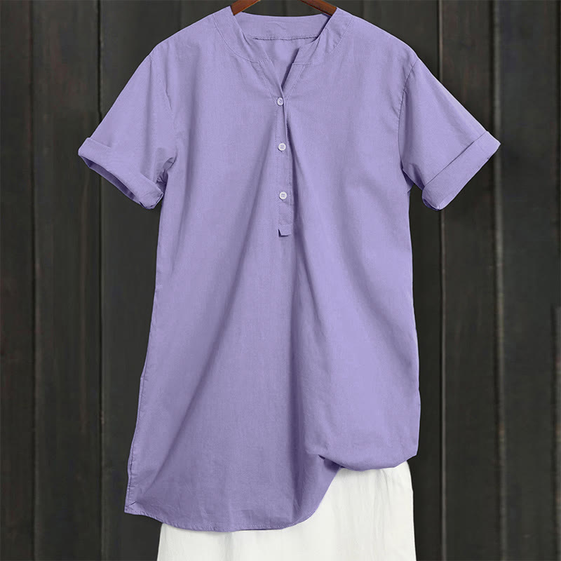 Casual Plain Button Notched Collar Women's Short Sleeve Shirt