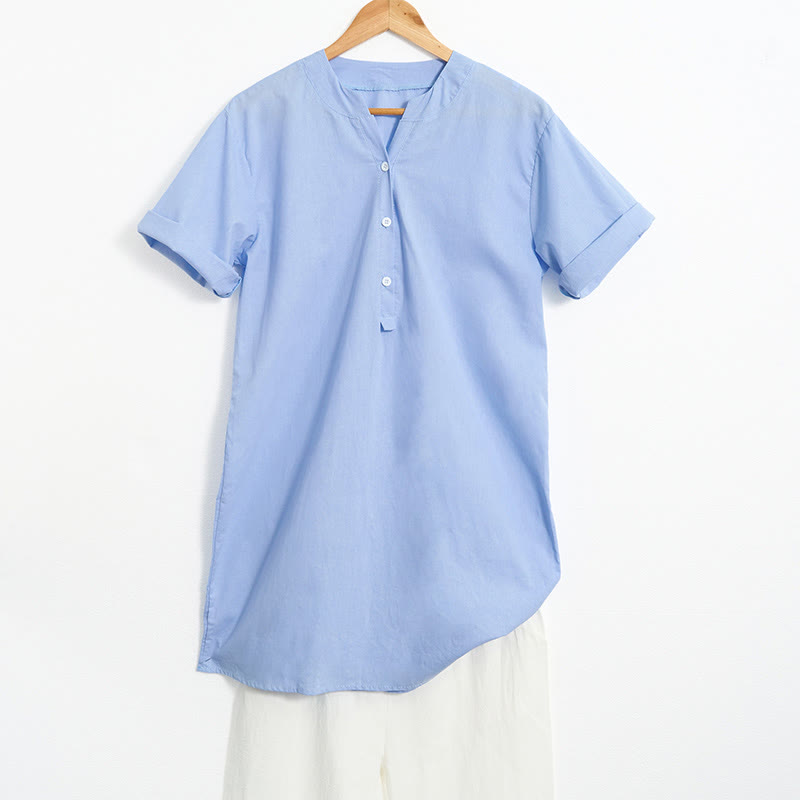 Casual Plain Button Notched Collar Women's Short Sleeve Shirt