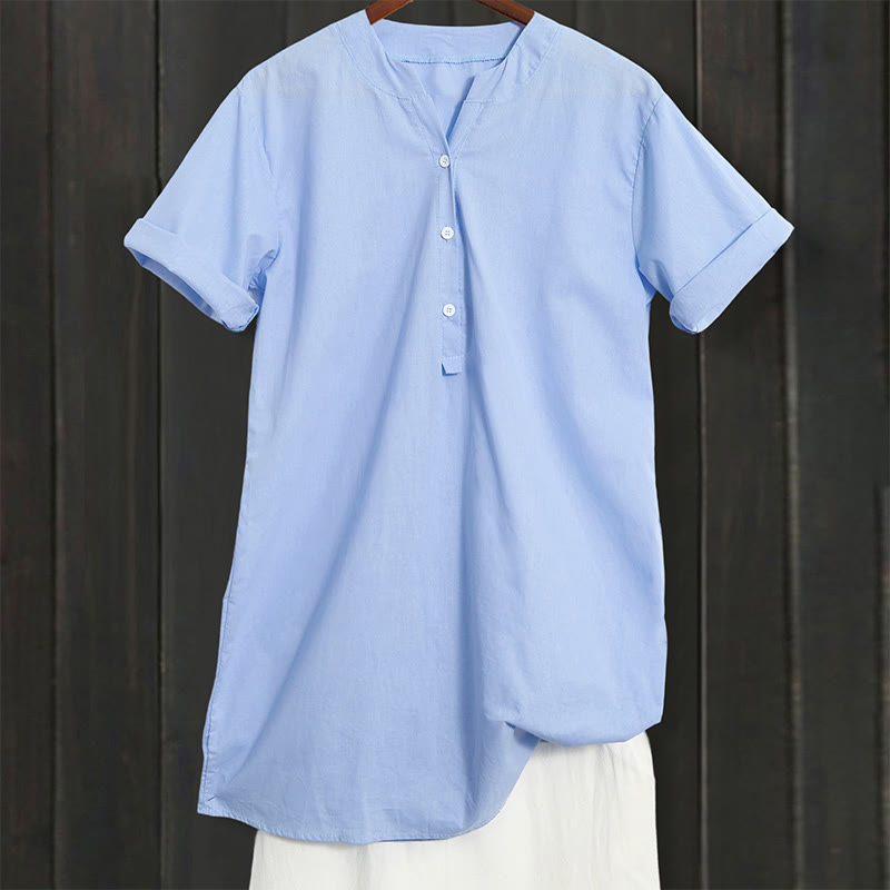 Casual Plain Button Notched Collar Women's Short Sleeve Shirt