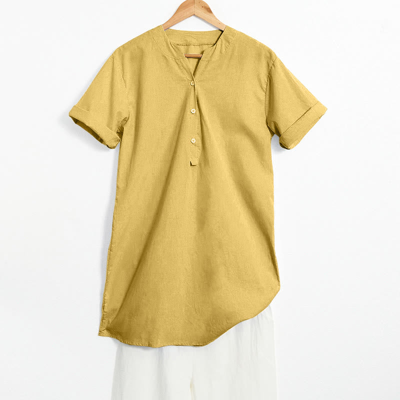 Casual Plain Button Notched Collar Women's Short Sleeve Shirt