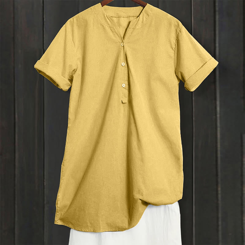 Casual Plain Button Notched Collar Women's Short Sleeve Shirt