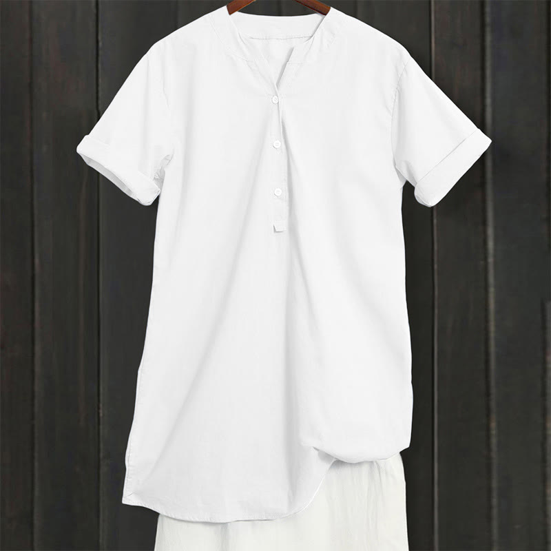 Casual Plain Button Notched Collar Women's Short Sleeve Shirt