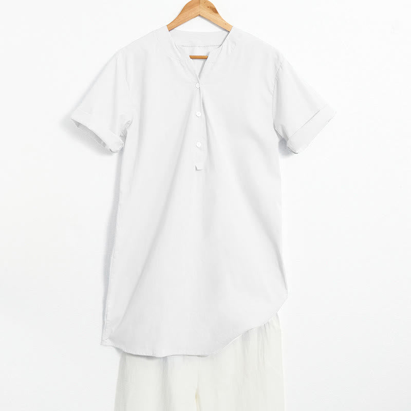Casual Plain Button Notched Collar Women's Short Sleeve Shirt