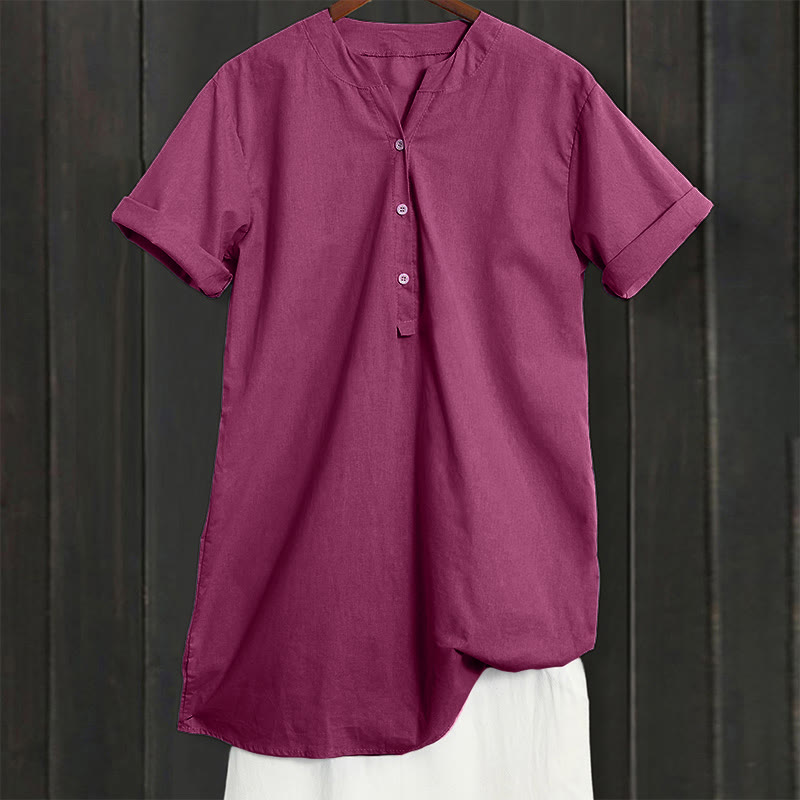 Casual Plain Button Notched Collar Women's Short Sleeve Shirt
