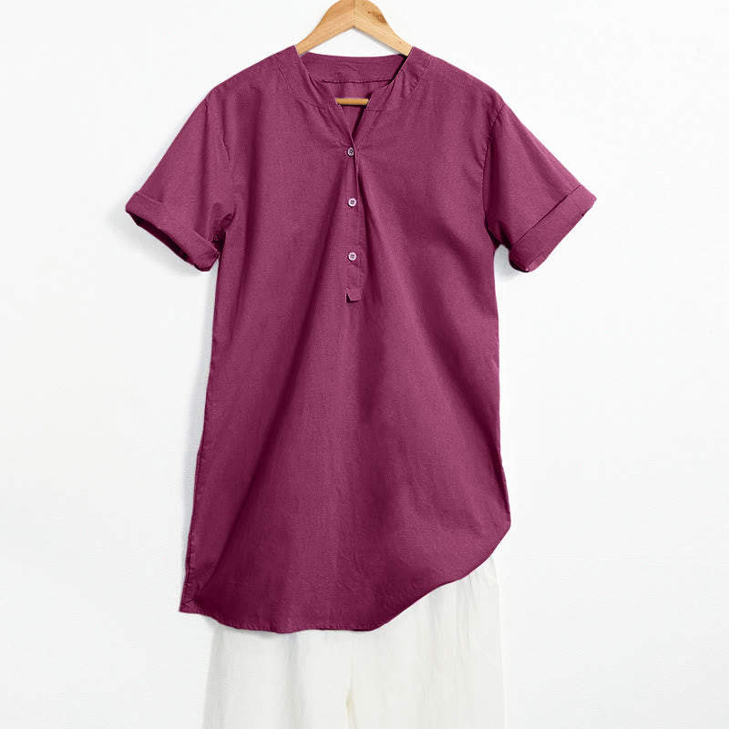 Casual Plain Button Notched Collar Women's Short Sleeve Shirt