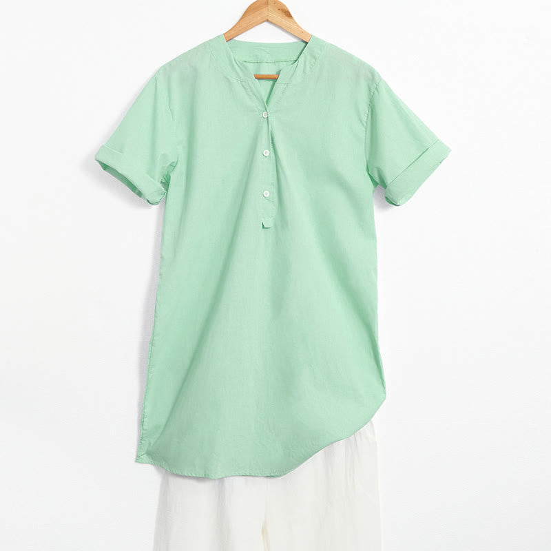 Casual Plain Button Notched Collar Women's Short Sleeve Shirt