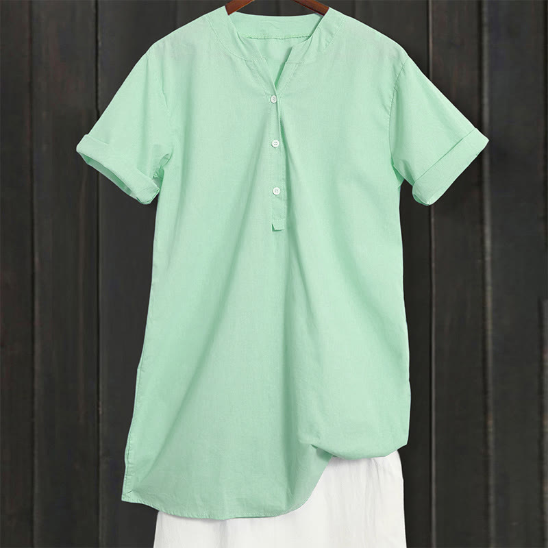 Casual Plain Button Notched Collar Women's Short Sleeve Shirt