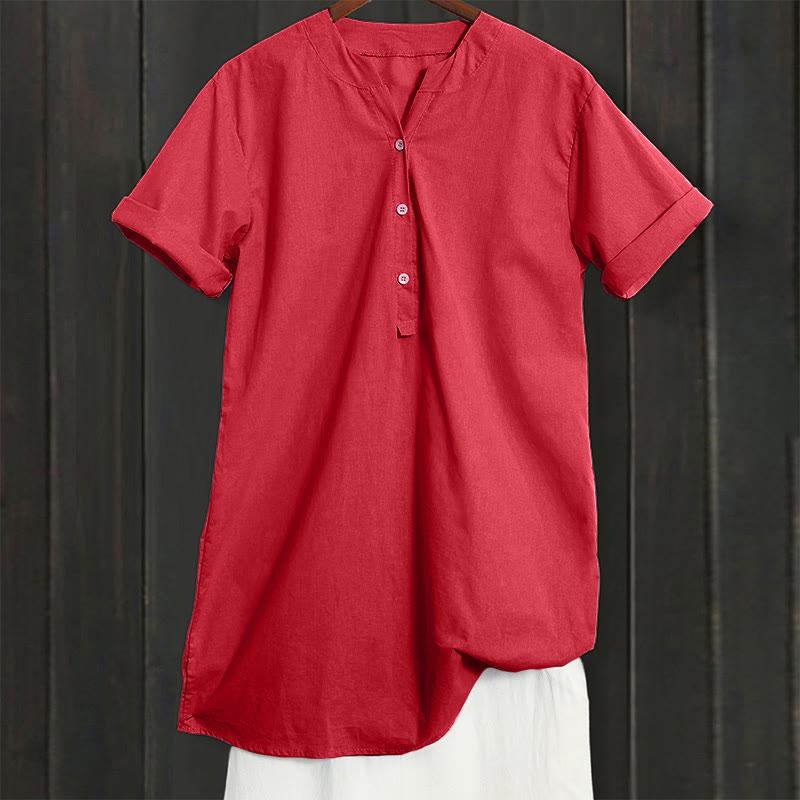 Casual Plain Button Notched Collar Women's Short Sleeve Shirt