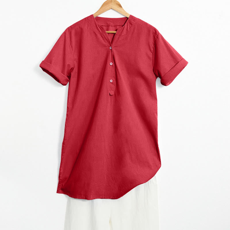 Casual Plain Button Notched Collar Women's Short Sleeve Shirt