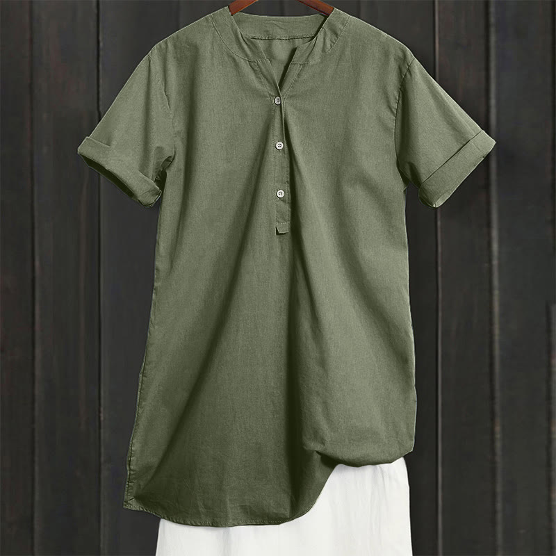 Casual Plain Button Notched Collar Women's Short Sleeve Shirt