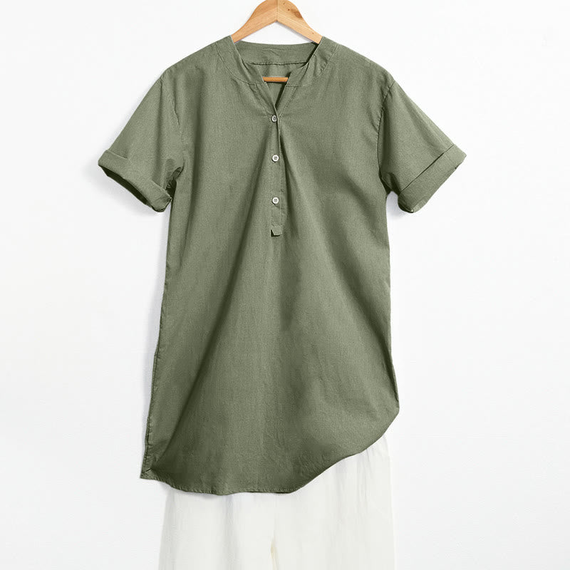 Casual Plain Button Notched Collar Women's Short Sleeve Shirt