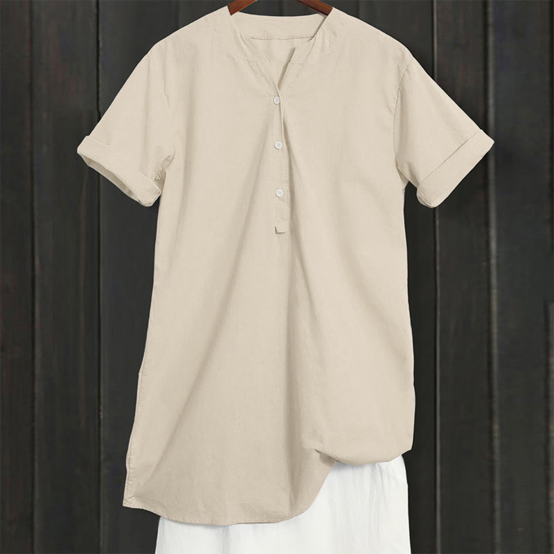 Casual Plain Button Notched Collar Women's Short Sleeve Shirt
