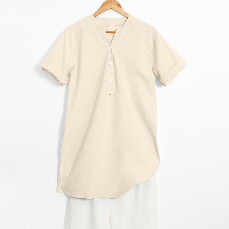 Casual Plain Button Notched Collar Women's Short Sleeve Shirt
