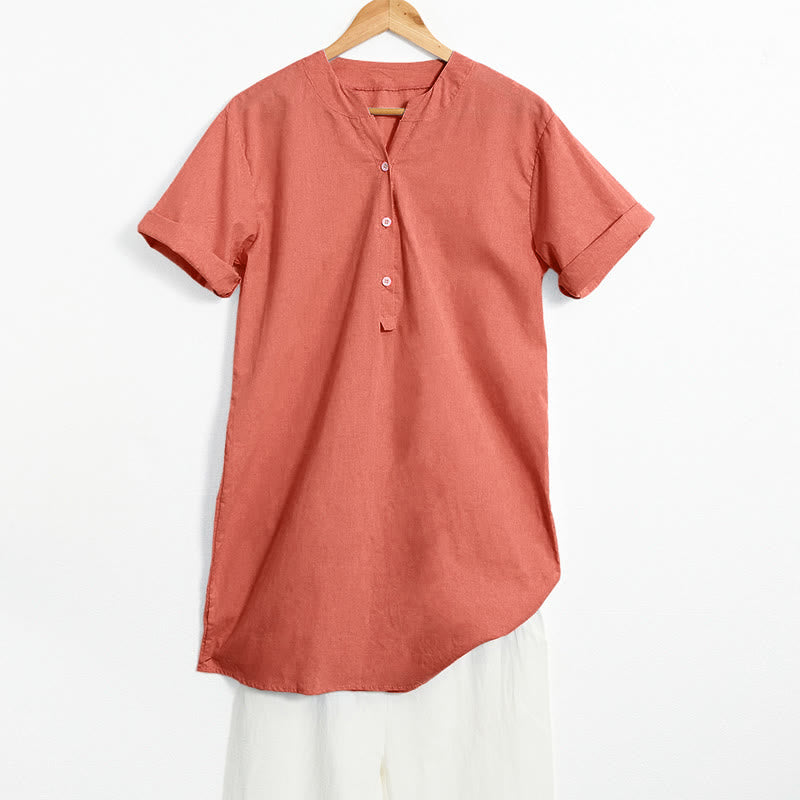 Casual Plain Button Notched Collar Women's Short Sleeve Shirt