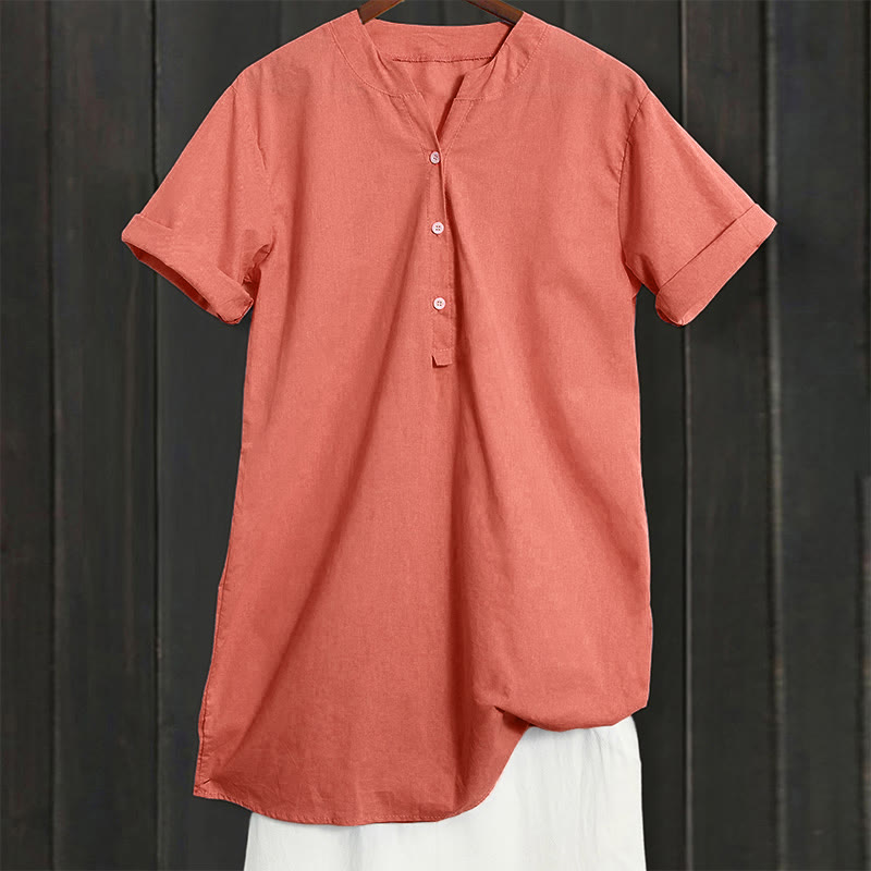 Casual Plain Button Notched Collar Women's Short Sleeve Shirt