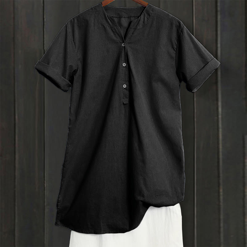 Casual Plain Button Notched Collar Women's Short Sleeve Shirt