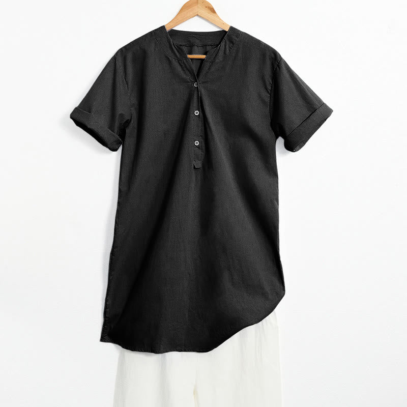 Casual Plain Button Notched Collar Women's Short Sleeve Shirt