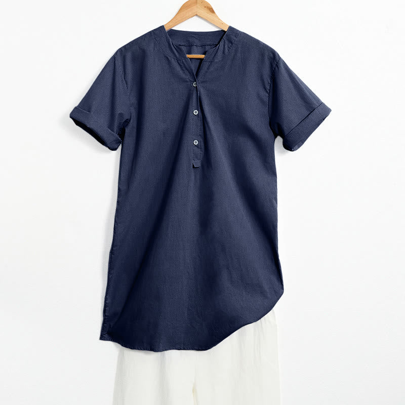 Casual Plain Button Notched Collar Women's Short Sleeve Shirt