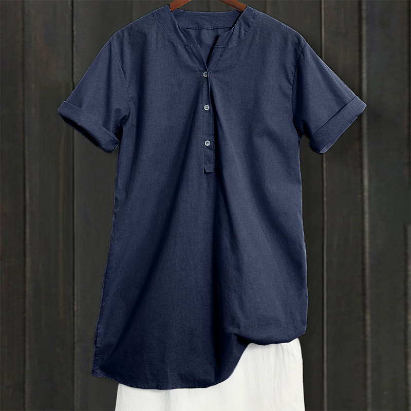Casual Plain Button Notched Collar Women's Short Sleeve Shirt