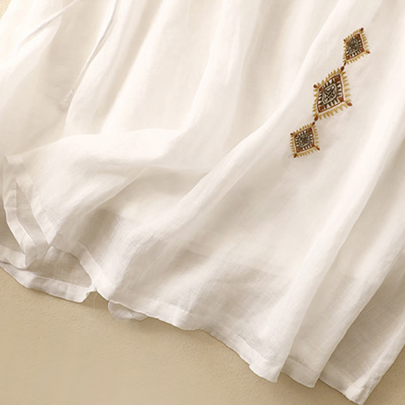 Ethnic Vintage Embroidery Button Design Women's Cotton Linen 7-8 Length Skirt