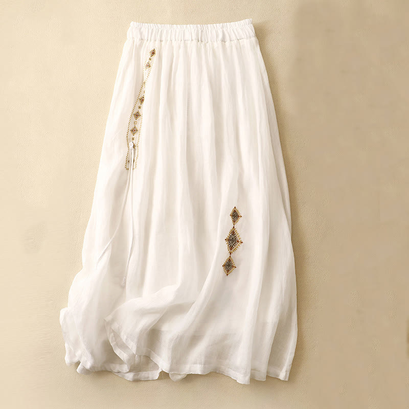 Ethnic Vintage Embroidery Button Design Women's Cotton Linen 7-8 Length Skirt