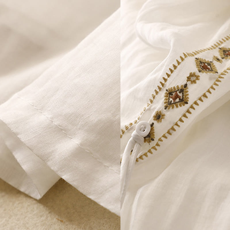 Ethnic Vintage Embroidery Button Design Women's Cotton Linen 7-8 Length Skirt