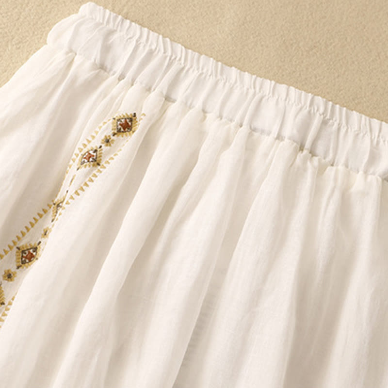 Ethnic Vintage Embroidery Button Design Women's Cotton Linen 7-8 Length Skirt