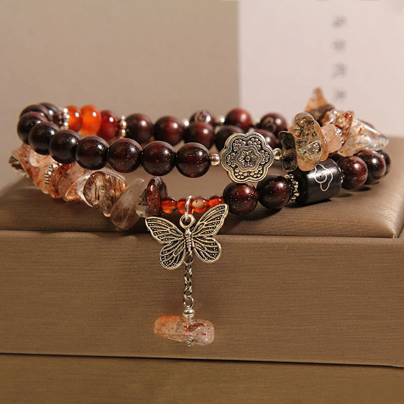 Natural Rutilated Quartz and Small Leaf Red Sandalwood Butterfly Charm Bracelet