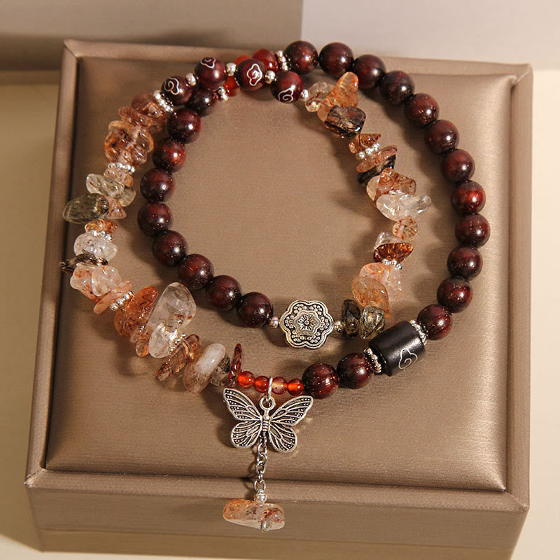 Natural Rutilated Quartz and Small Leaf Red Sandalwood Butterfly Charm Bracelet