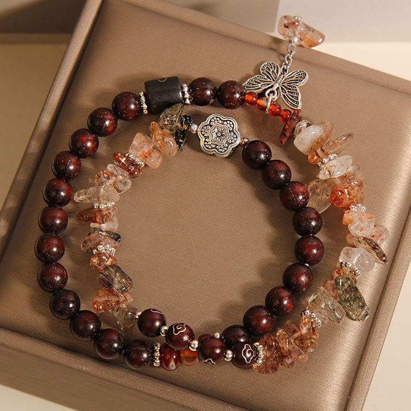 Natural Rutilated Quartz and Small Leaf Red Sandalwood Butterfly Charm Bracelet