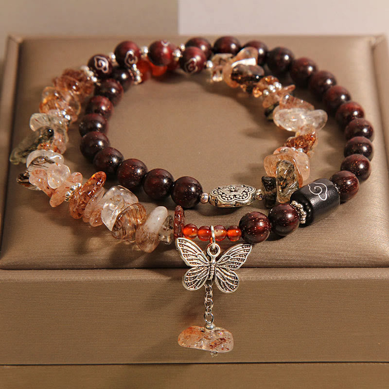 Natural Rutilated Quartz and Small Leaf Red Sandalwood Butterfly Charm Bracelet