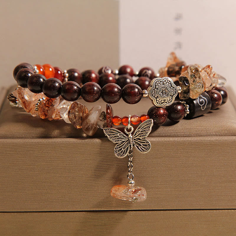Natural Rutilated Quartz and Small Leaf Red Sandalwood Butterfly Charm Bracelet