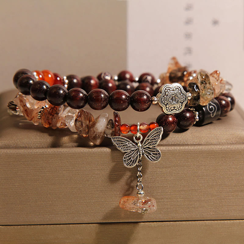 Natural Rutilated Quartz and Small Leaf Red Sandalwood Butterfly Charm Bracelet