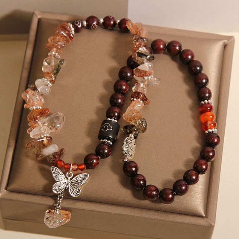 Natural Rutilated Quartz and Small Leaf Red Sandalwood Butterfly Charm Bracelet