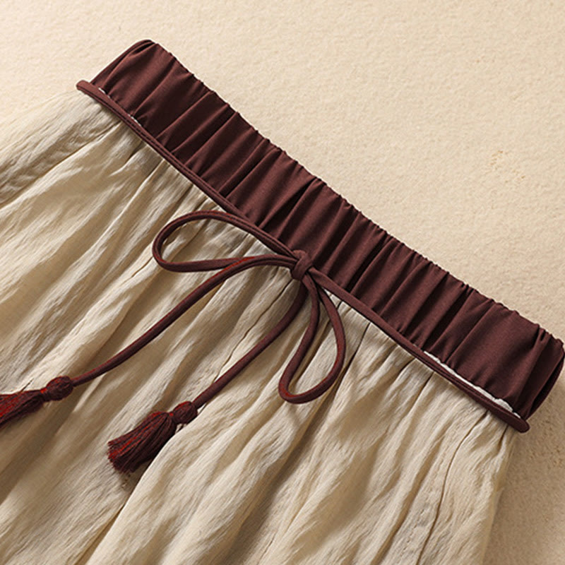 Casual Contrasting Color Pleated Lace-Up Design Women's Cotton Linen 7-8 Length Skirt
