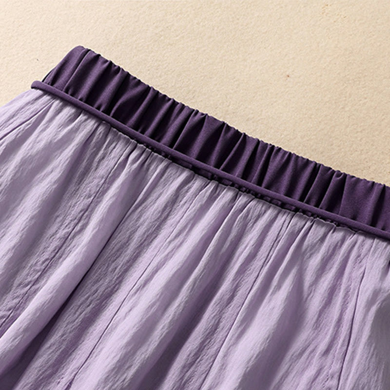 Casual Contrasting Color Pleated Lace-Up Design Women's Cotton Linen 7-8 Length Skirt