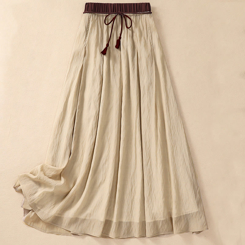 Casual Contrasting Color Pleated Lace-Up Design Women's Cotton Linen 7-8 Length Skirt