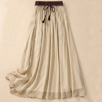 Casual Contrasting Color Pleated Lace-Up Design Women's Cotton Linen 7-8 Length Skirt
