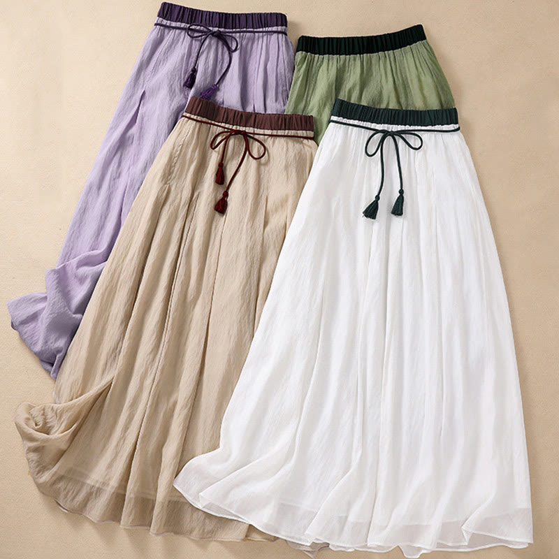 Casual Contrasting Color Pleated Lace-Up Design Women's Cotton Linen 7-8 Length Skirt