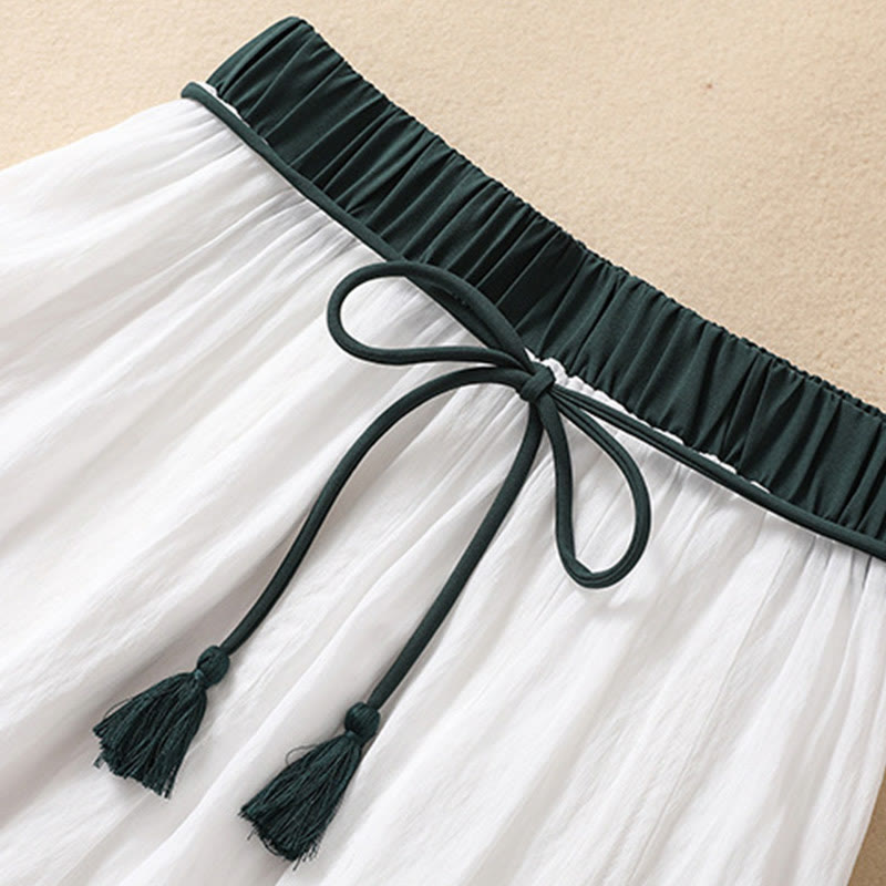 Casual Contrasting Color Pleated Lace-Up Design Women's Cotton Linen 7-8 Length Skirt
