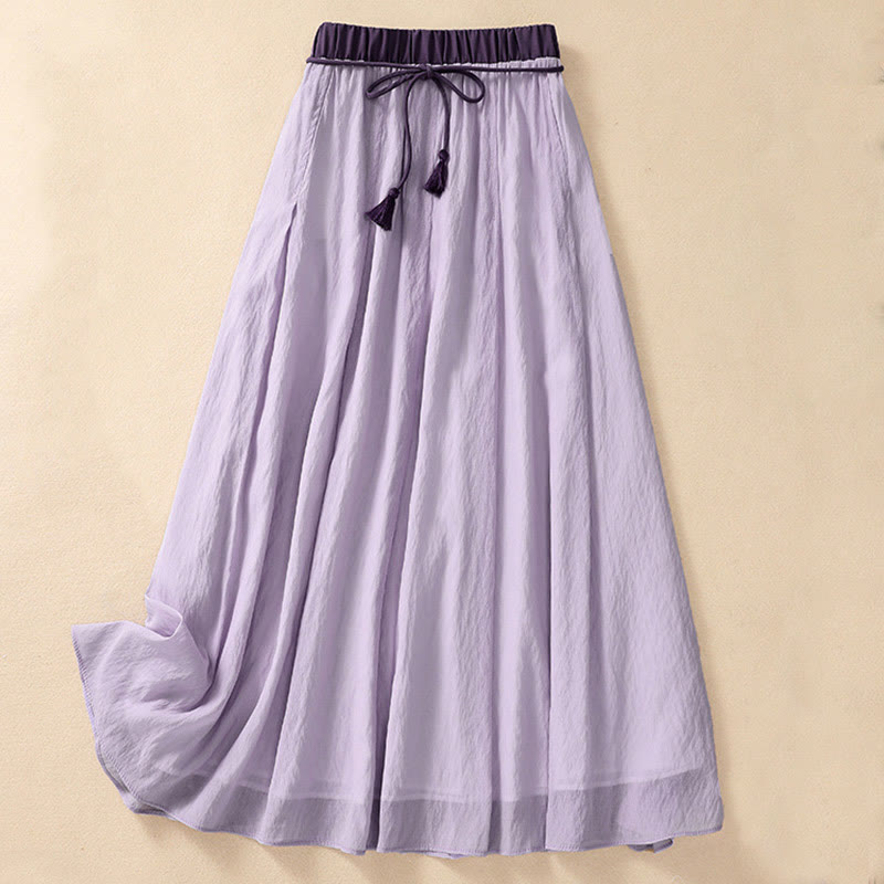Casual Contrasting Color Pleated Lace-Up Design Women's Cotton Linen 7-8 Length Skirt