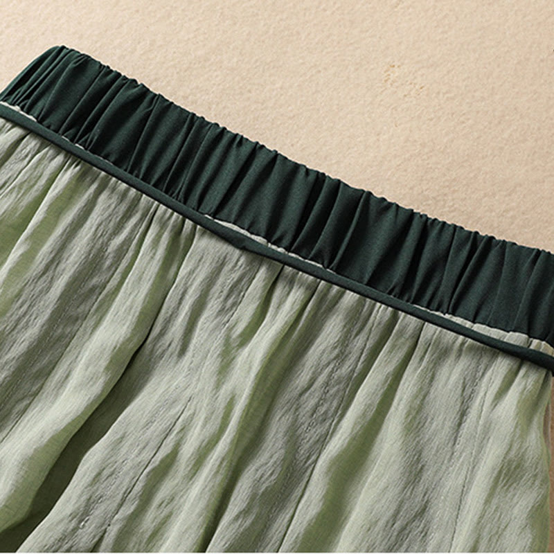 Casual Contrasting Color Pleated Lace-Up Design Women's Cotton Linen 7-8 Length Skirt