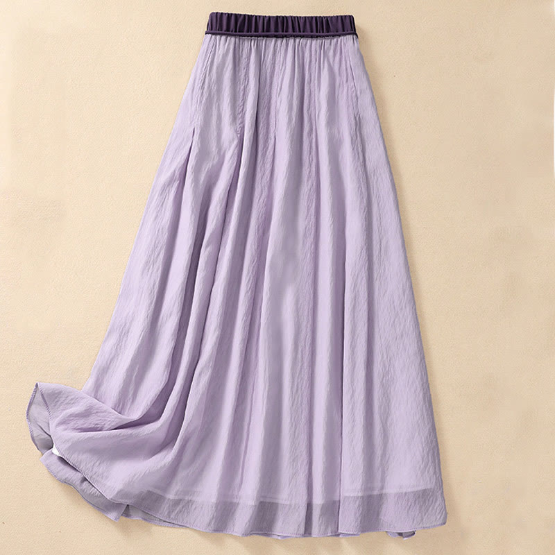 Casual Contrasting Color Pleated Lace-Up Design Women's Cotton Linen 7-8 Length Skirt