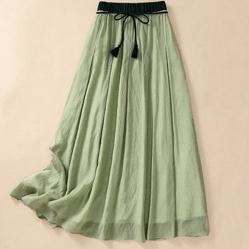 Casual Contrasting Color Pleated Lace-Up Design Women's Cotton Linen 7-8 Length Skirt