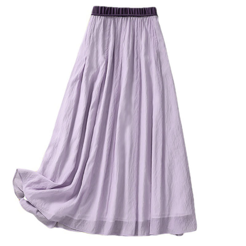Casual Contrasting Color Pleated Lace-Up Design Women's Cotton Linen 7-8 Length Skirt